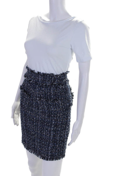 Balmain Womens Cotton Striped Frayed Textured Zipped Midi Skirt Blue Size EUR34