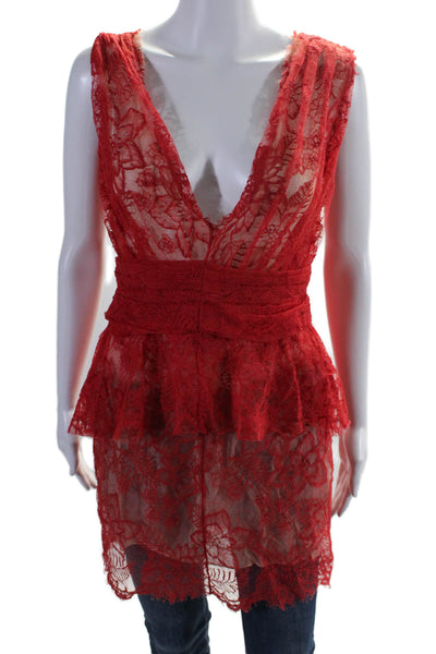 AOTC Womens Lace Front Full Zip Deep Plunge Sleeveless Camisole Top Red Size XS