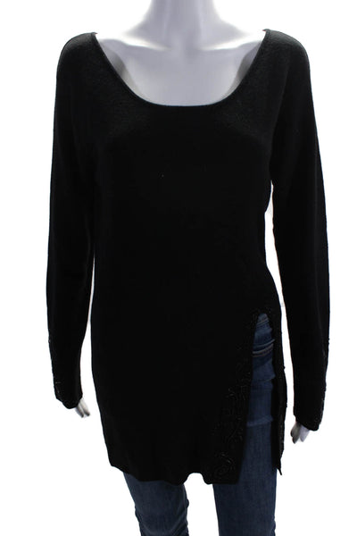 Tahari Womens Round Neck Long Sleeves Slit Hem Beaded Tunic Sweater Black Size S