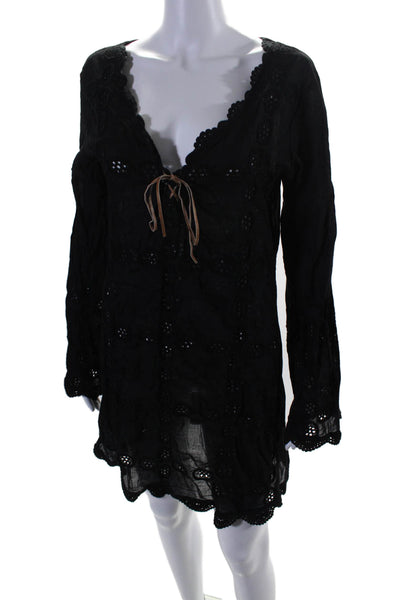 Letarte Handmade Women's V-Neck Long Sleeves Eyelet Mini Dress Black Size L