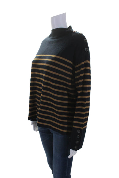 Pearl By Lela Rose Womens Striped Print Mock Neck Long Sleeve Top Blue Size S