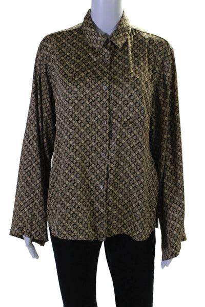 L Academie Womens Long Sleeve Button Front Collared Printed Shirt Brown Small