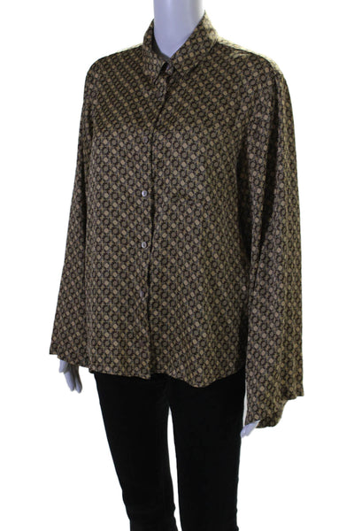 L Academie Womens Long Sleeve Button Front Collared Printed Shirt Brown Small