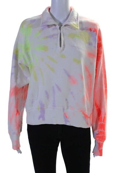 Re/Done Womens Quarter Zip Collared Tie Dyed Hoodie Sweater White Pink Large