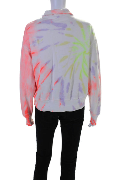 Re/Done Womens Quarter Zip Collared Tie Dyed Hoodie Sweater White Pink Large