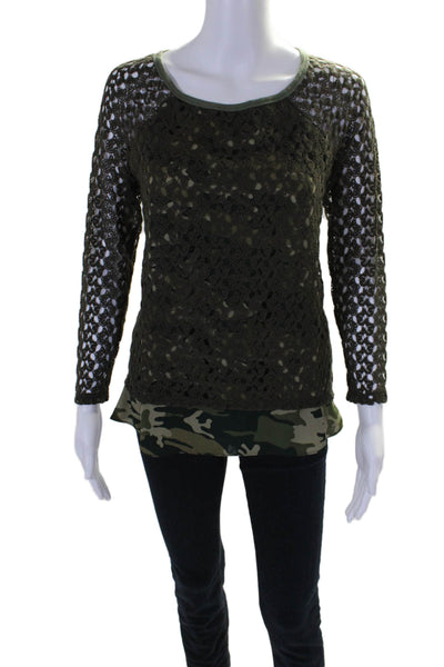 Design Lab Womens Camouflage Print Netted Overlay Long Sleeve Top Green Size XS