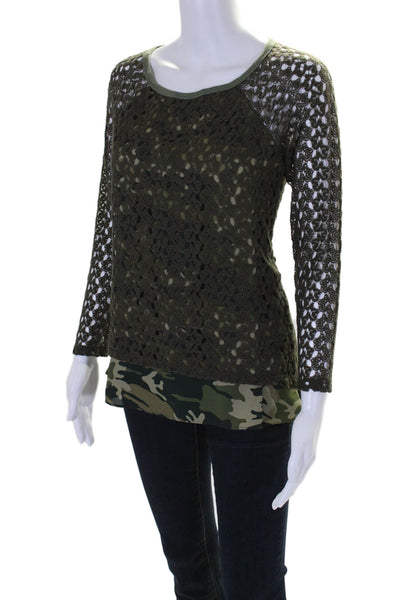 Design Lab Womens Camouflage Print Netted Overlay Long Sleeve Top Green Size XS