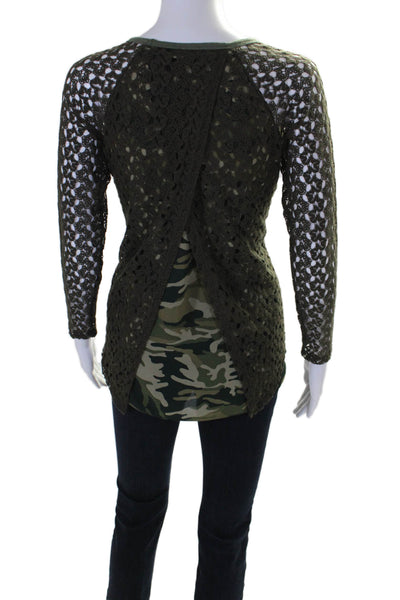 Design Lab Womens Camouflage Print Netted Overlay Long Sleeve Top Green Size XS