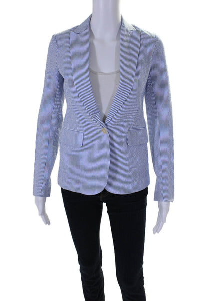 Theory Womens Cotton Gauze Striped Print One Button Blazer White Blue Size 0