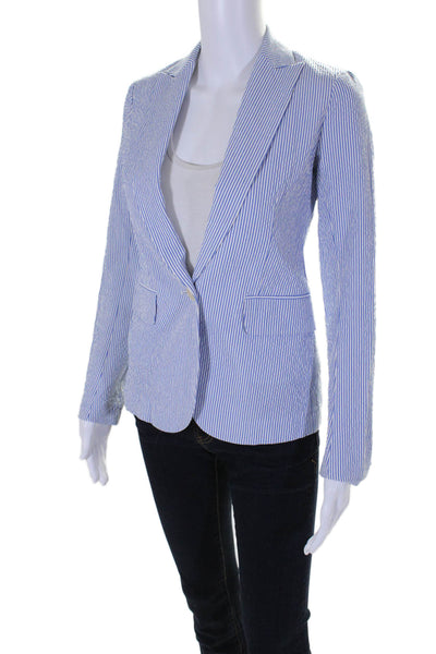 Theory Womens Cotton Gauze Striped Print One Button Blazer White Blue Size 0