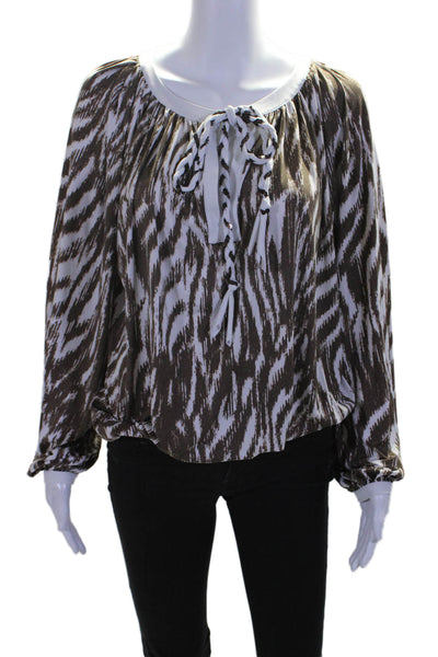 Vanita Rosa Womens Brown White Printed V-Neck Long Sleeve Blouse Top Size M