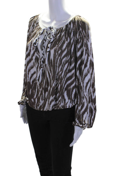 Vanita Rosa Womens Brown White Printed V-Neck Long Sleeve Blouse Top Size M