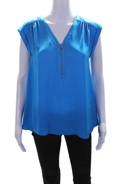 Rebecca Taylor Womens Blue Cut Out V-Neck Front Zip Sleeveless Blouse Top Size 0