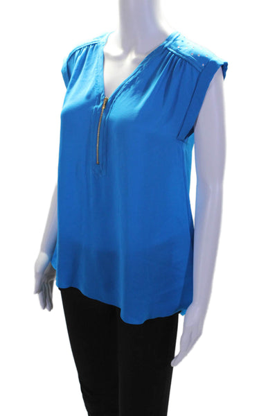 Rebecca Taylor Womens Blue Cut Out V-Neck Front Zip Sleeveless Blouse Top Size 0
