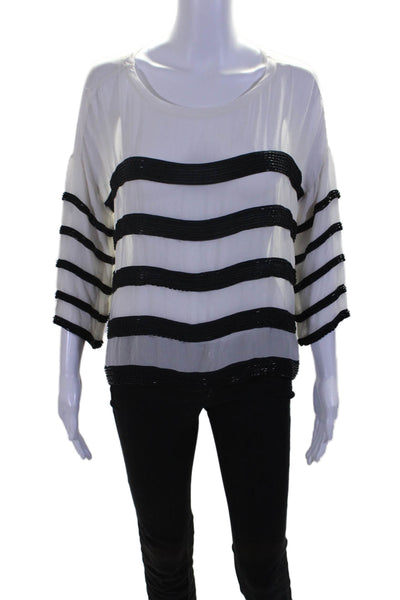 Joie Womens Silk White and Black Striped Beaded Crew Neck Blouse Top Size XS