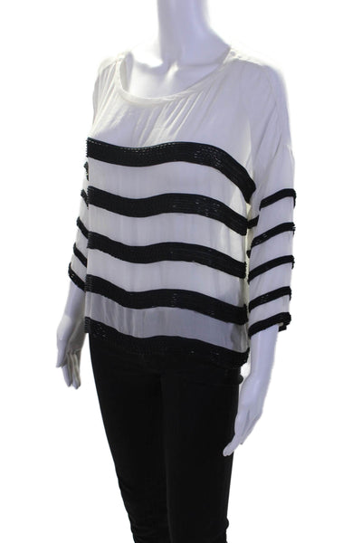 Joie Womens Silk White and Black Striped Beaded Crew Neck Blouse Top Size XS