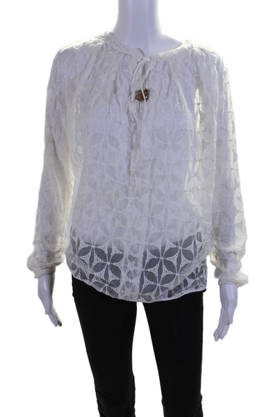 TJ Collection Womens Silk White Embroidered V-Neck Long Sleeve Blouse Top SizeXS