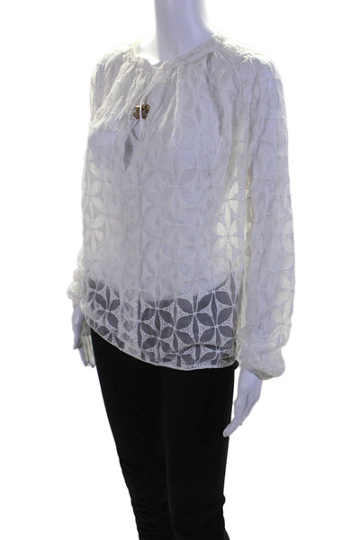 TJ Collection Womens Silk White Embroidered V-Neck Long Sleeve Blouse Top SizeXS