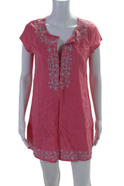 Hiho Womens Linen Star Embroidered V-Neck Cap Sleeve Tunic Top Hot Pink Size S