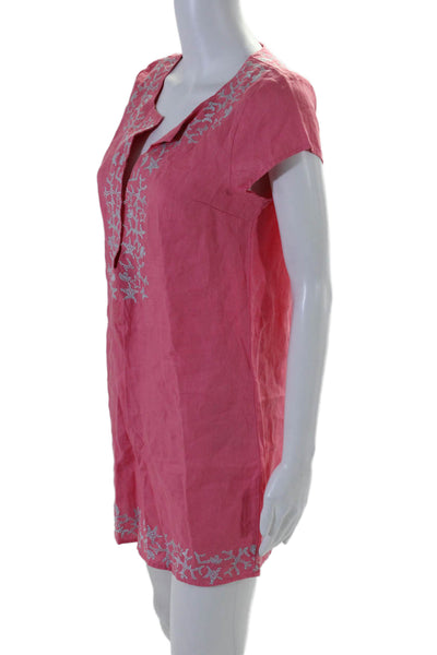 Hiho Womens Linen Star Embroidered V-Neck Cap Sleeve Tunic Top Hot Pink Size S