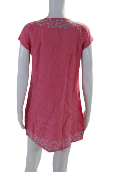 Hiho Womens Linen Star Embroidered V-Neck Cap Sleeve Tunic Top Hot Pink Size S