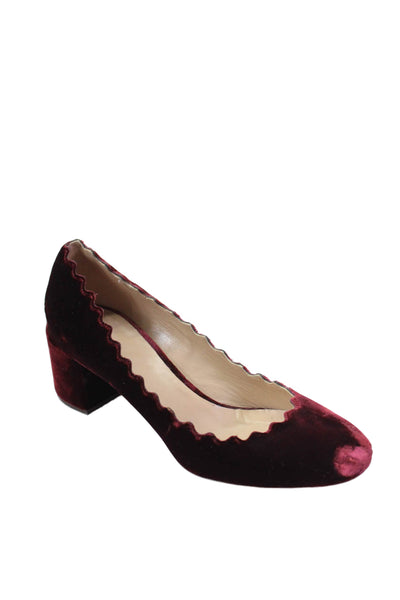 Chloe Womens Velvet Scalloped Trim Mid Block Heel Pumps Ruby Red Size 8US 38EU