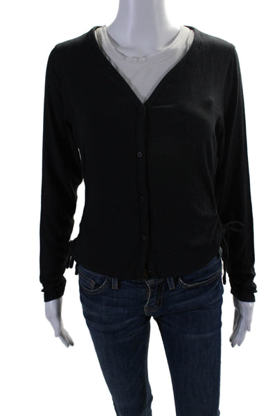 Designer Womens Ruched Tied Buttoned V-Neck Long Sleeve Blouse Black Size M