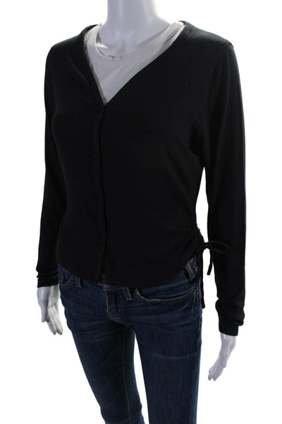 Designer Womens Ruched Tied Buttoned V-Neck Long Sleeve Blouse Black Size M