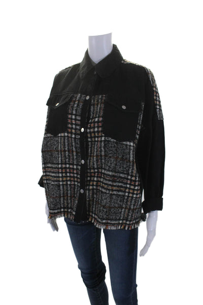 Zara Womens Tweed Trim Snap Closure Plaid Denim Jacket Black Size XS