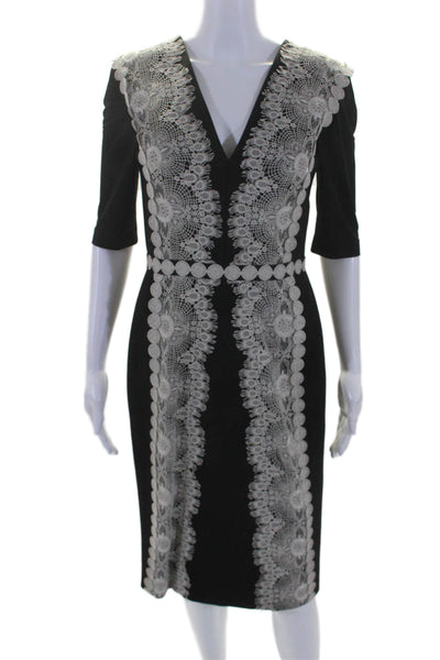 Catherine Deane Womens Geometric Lace V-Neck 3/4 Sleeve Midi Dress Black Size 6