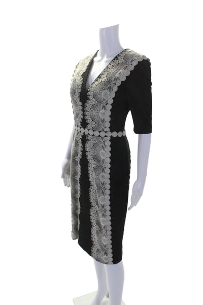 Catherine Deane Womens Geometric Lace V-Neck 3/4 Sleeve Midi Dress Black Size 6
