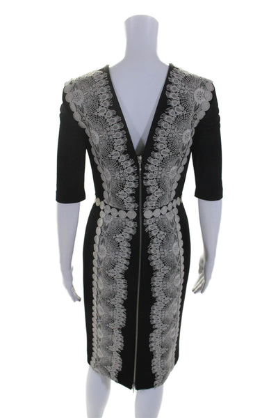 Catherine Deane Womens Geometric Lace V-Neck 3/4 Sleeve Midi Dress Black Size 6
