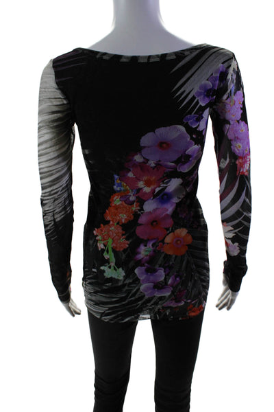 Fuzzi Womens Floral Print Rcuhed Long Sleeves Stretch Blouse Black Size Small