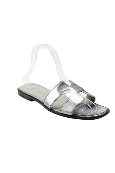 Hermes Womens Oran Leather Slide On Oran Sandals Silver Metallic Size 39 9