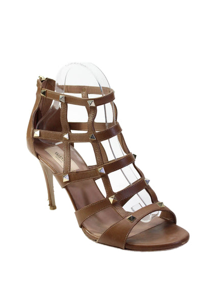 Valentino Garavani Womens Leather Rockstud Sandal Heels Brown Size 39.5 9.5