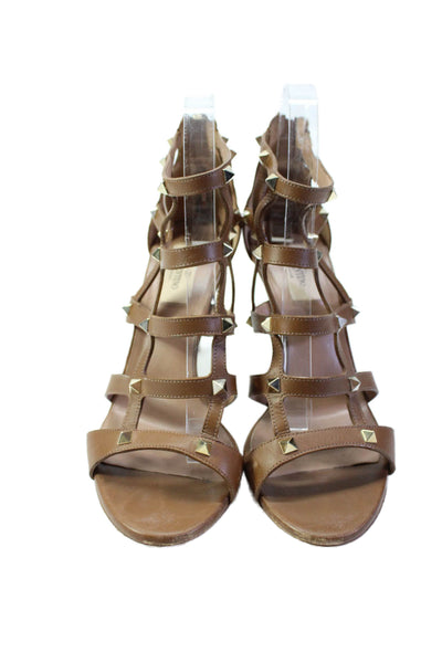 Valentino Garavani Womens Leather Rockstud Sandal Heels Brown Size 39.5 9.5