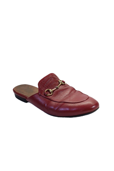 Gucci Womens Leather Gold Tone Buckle Princetown  Slip On Mules Red Size 8