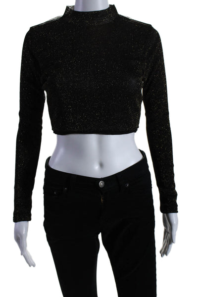 Lovers + Friends Womens Metallic High Neck Long Sleeve Crop Top Black Size XS