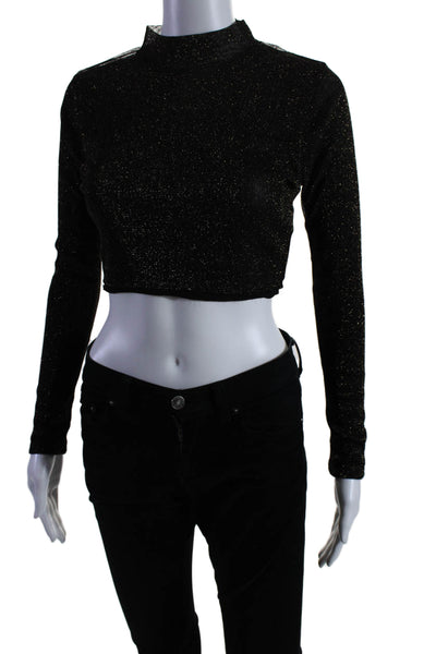 Lovers + Friends Womens Metallic High Neck Long Sleeve Crop Top Black Size XS