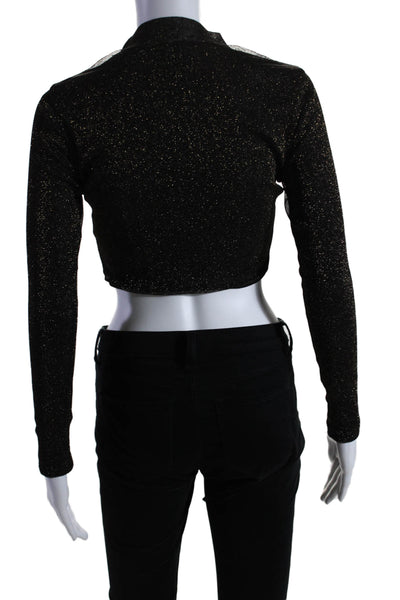 Lovers + Friends Womens Metallic High Neck Long Sleeve Crop Top Black Size XS