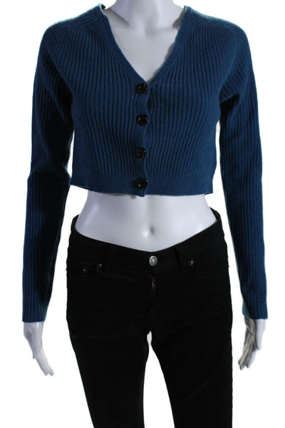 Moussy Womens Wool Knit V-Neck Button Up Cropped Cardigan Sweater Blue Size XS