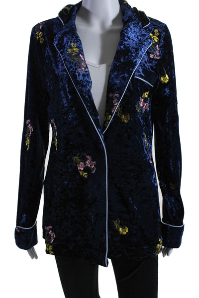 Endless Rose Womens Floral Embroidered V-Neck Long Sleeve Pajama Top Blue Size S