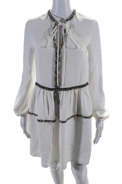 Dice Kayek Womens White Crystal Embellished Long Sleeve Shift Dress Size 34