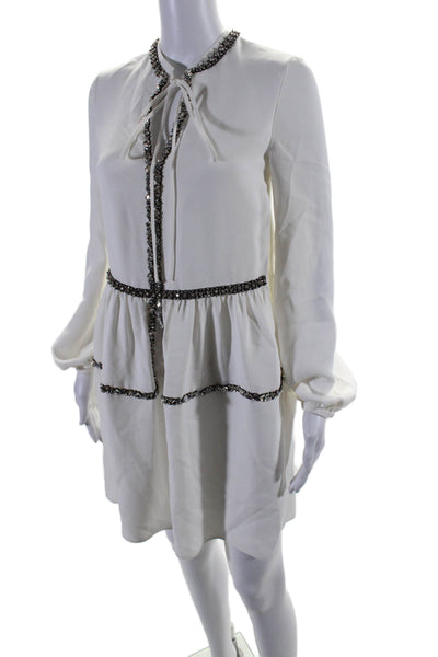 Dice Kayek Womens White Crystal Embellished Long Sleeve Shift Dress Size 34