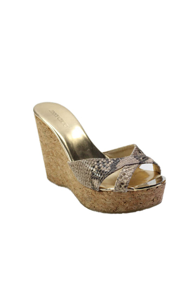 Jimmy Choo Womens Snakeskin Peep Toe Platform Mule Sandals Gold Size 8