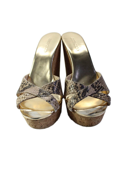 Jimmy Choo Womens Snakeskin Peep Toe Platform Mule Sandals Gold Size 8