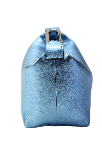 EERA Womens Zip Top Single Handle Small Metallic Pouch Handbag Blue Leather