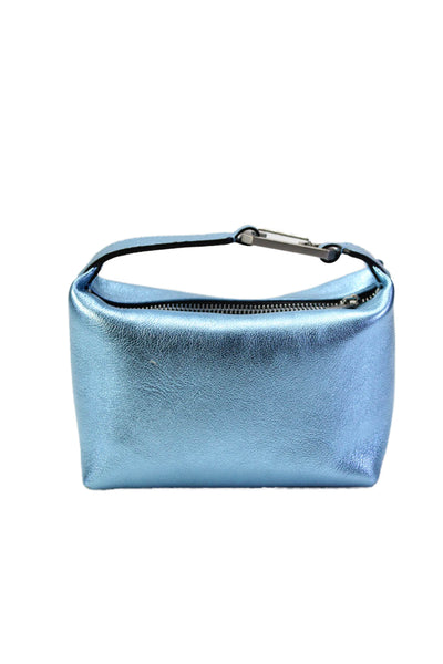 EERA Womens Zip Top Single Handle Small Metallic Pouch Handbag Blue Leather