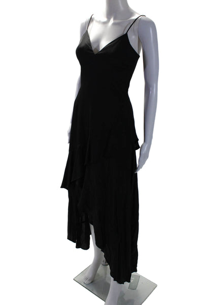 Shilla Women's V-Neck Spaghetti Straps Ruffle Slit Hem Maxi Dress Black Size XS