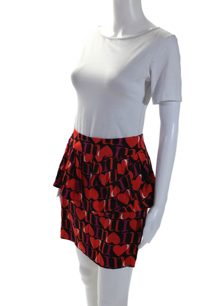 Milly Of New York Womens Silk Heart Print Peplum Skirt Black Red Size 6